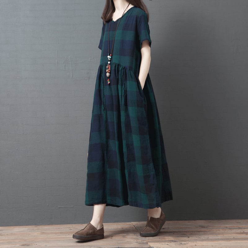 カジュアルワンピース ロング丈ワンピース レディースファション ラウンドネック 七分袖 着痩せ レトロ 普段着 大きいサイズ M L Ll 3l 気質よい グリーン 緑 チェック柄 コットンリネン Elegant
