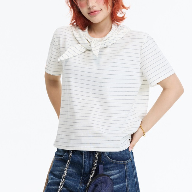 border short-sleeved tee with scarf　スカーフ付きボーダー半袖ティー　J1893