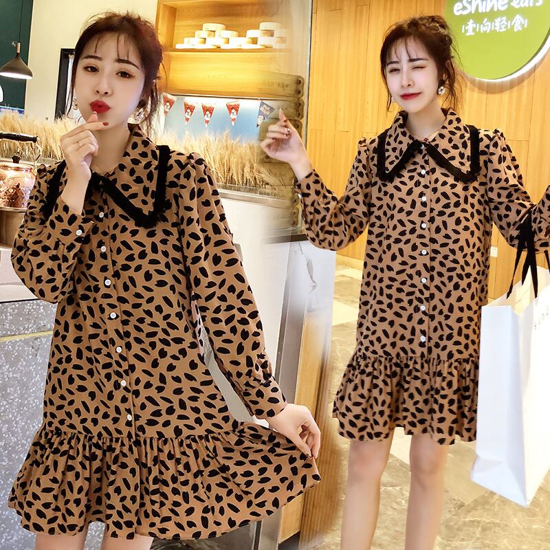 【新作】【送料無料】 新しいファッションヒョウ柄ルーズラペルミドル丈プラスサイズのマタニティドレスのマタニティウェア2019春バージョン-アリババ 大きめサイズ スプリング 春物 expec227480077462