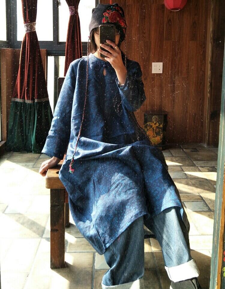 プリントスタンダードFlowerデザイン スタンドカラーカラーボタン長袖スリーブドレス ロング レトロ フラワーデザイン Yiranxuaディースワード6026774985