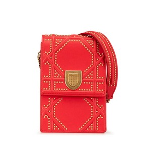 ディオール ディオラマ スタッズ 斜め掛け チェーン ショルダーバッグ レッド ゴールド レザー レディース Dior 【中古】