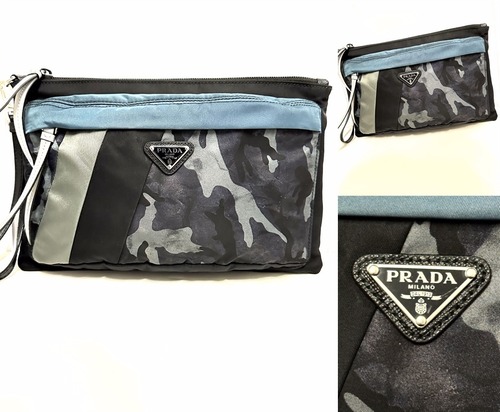 PRADA プラダ　カモフラ　テスート サフィアーノ　バイカラー　クラッチバッグ　トライアングルプレート セカンドバッグ　男女