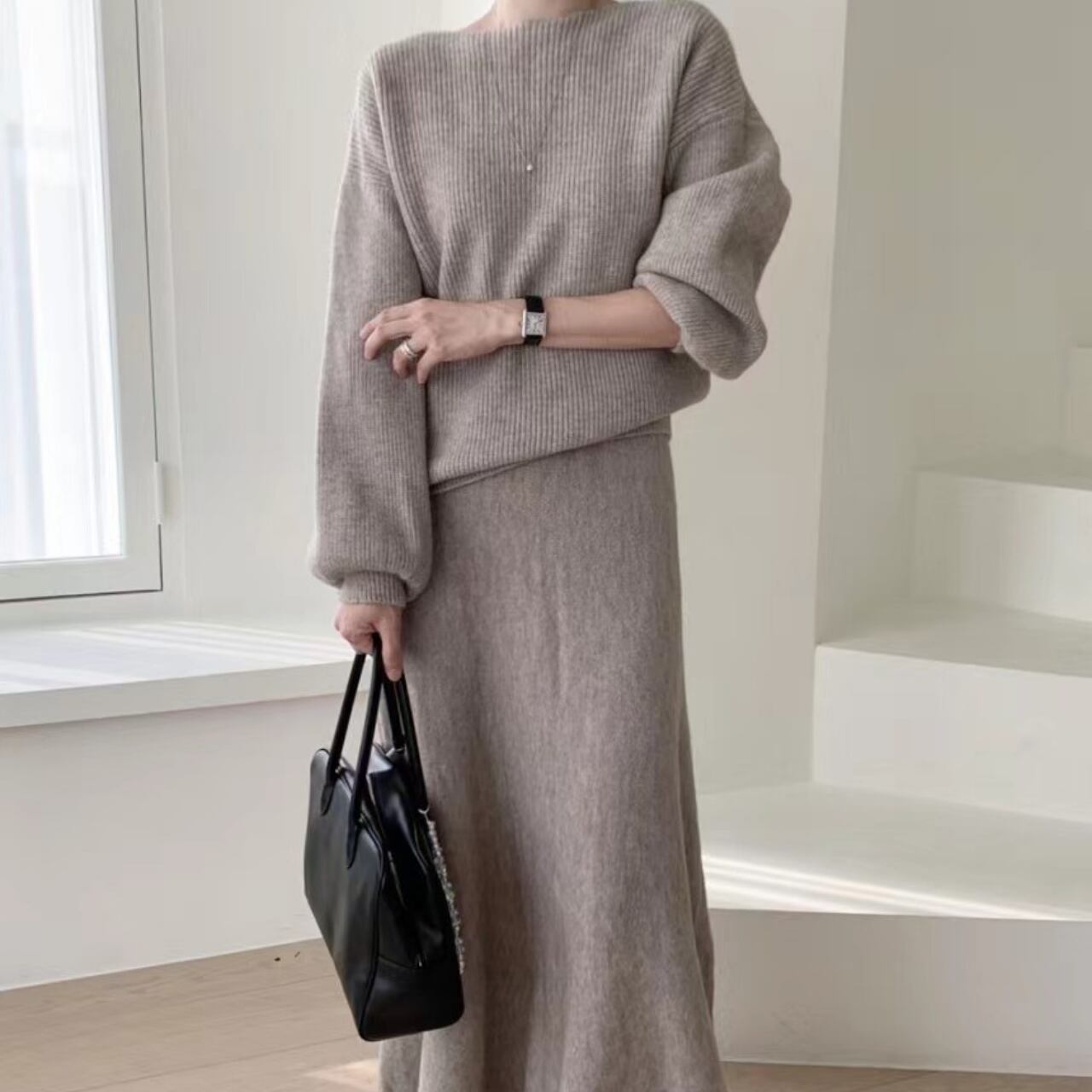 ルーズ ニット セットアップ-キャメル