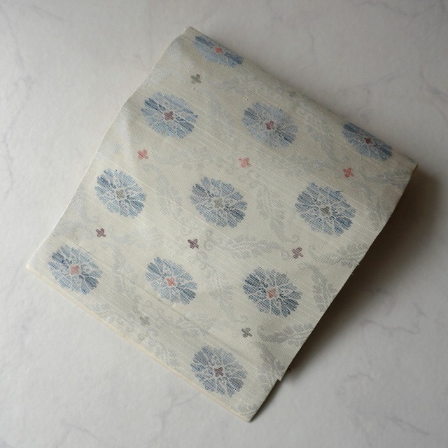 【なごや帯】生成り色　抽象植物文　紬地なごや帯