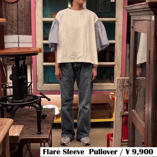 UNIVERSAL TISSU　ユニヴァーサルティシュ　アメリカンコットン天竺ストライプコンボフレアスリーブプルオーバー　シロ×ネイビーストライプ　カットソー　半袖
