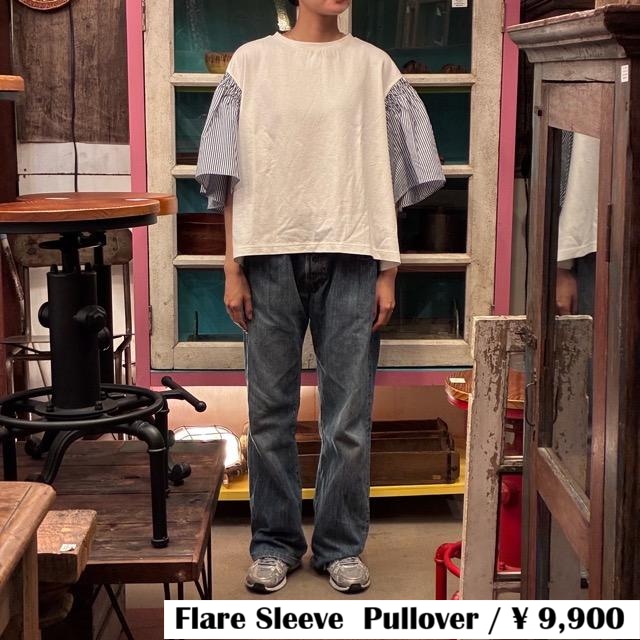 UNIVERSAL TISSU　ユニヴァーサルティシュ　アメリカンコットン天竺ストライプコンボフレアスリーブプルオーバー　シロ×ネイビーストライプ　カットソー　半袖