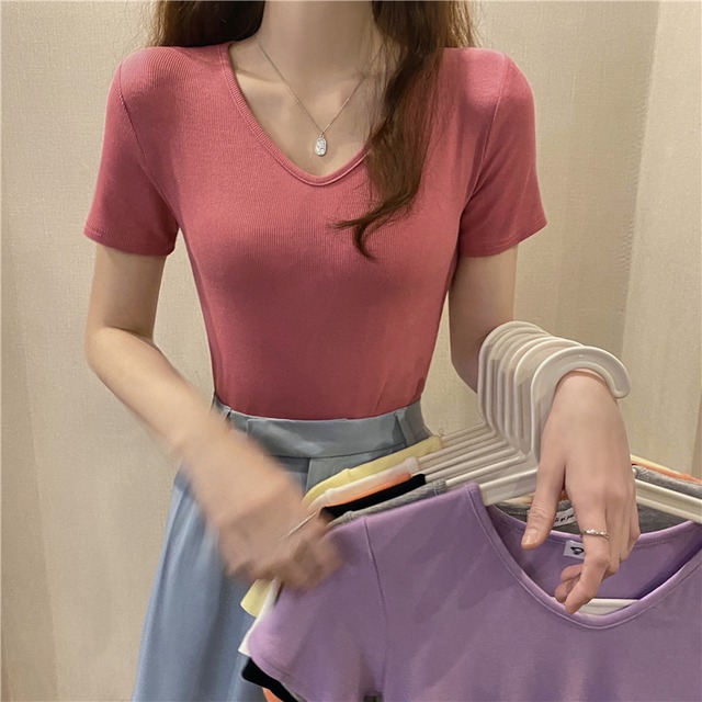 Vネックソリッド カラースリムシャツ Tシャツ ソリッドカラー Xiaofeijia23357977428