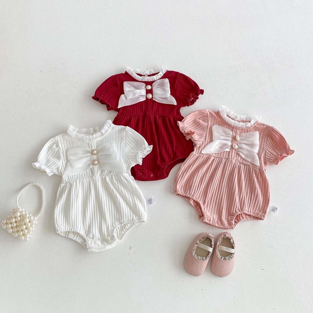 【BABY】大きなリボン付フリル襟パフスリーブ半袖リブロンパース - 11