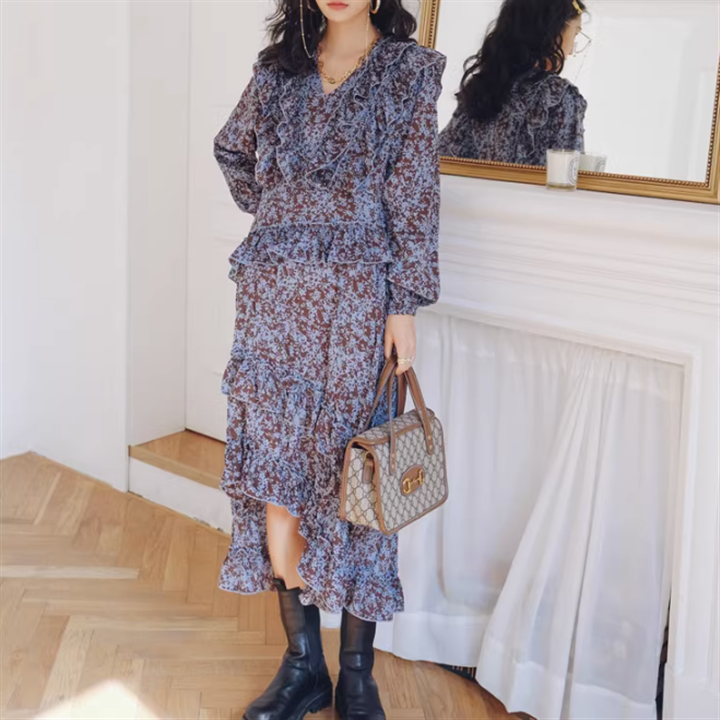 フラワーフリルシフォンワンピース 10556