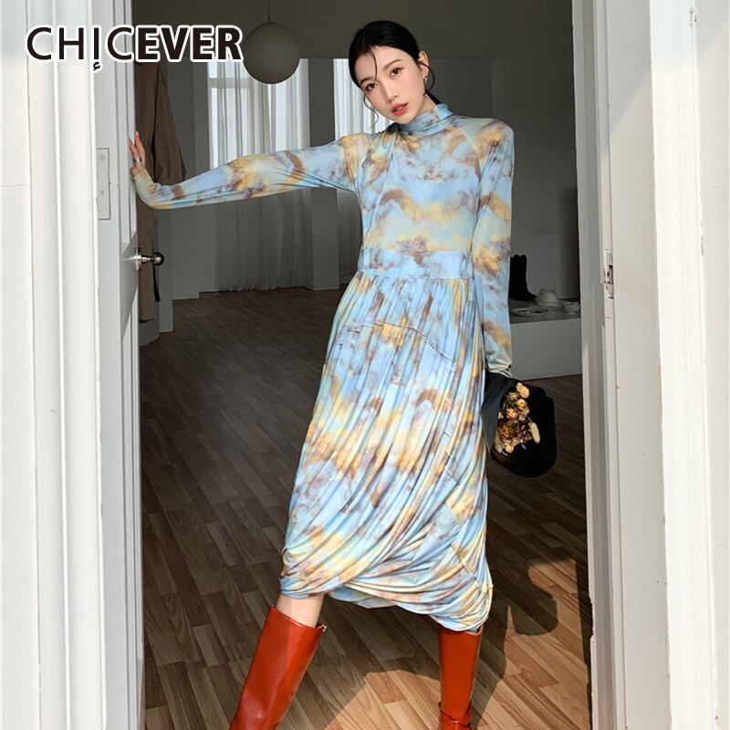 CHICEVERプリントバッドドレスレディースタートルネックロングスリーブウエストシャーリングルーズヒットカラーボヘミアンドレス2021服 長袖 6base538372741021