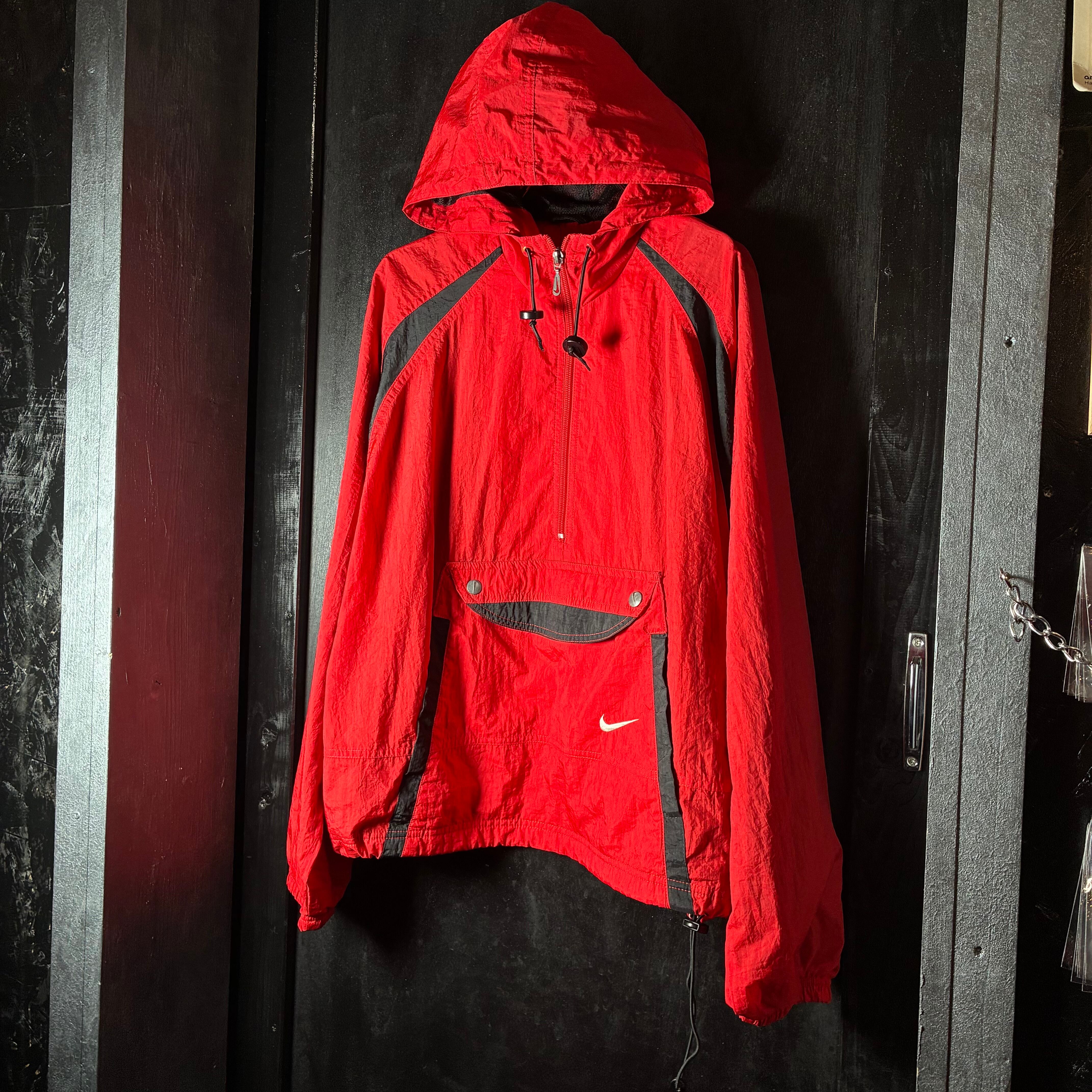 90s NIKE ハーフジップ ナイロンアノラック 赤黒 短丈ドローコード