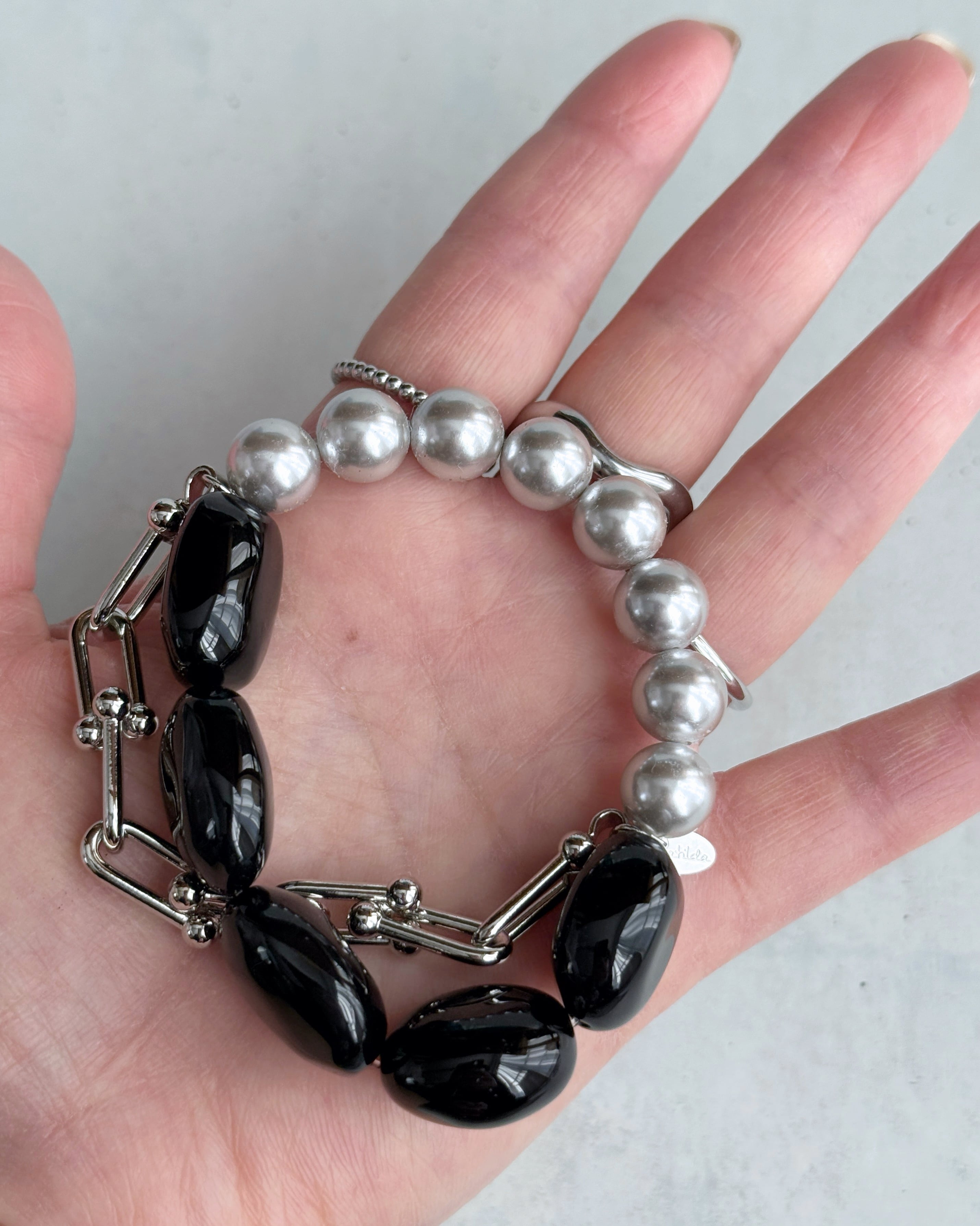 【再販】Chain & stone bracelet(オニキス×貝パール)