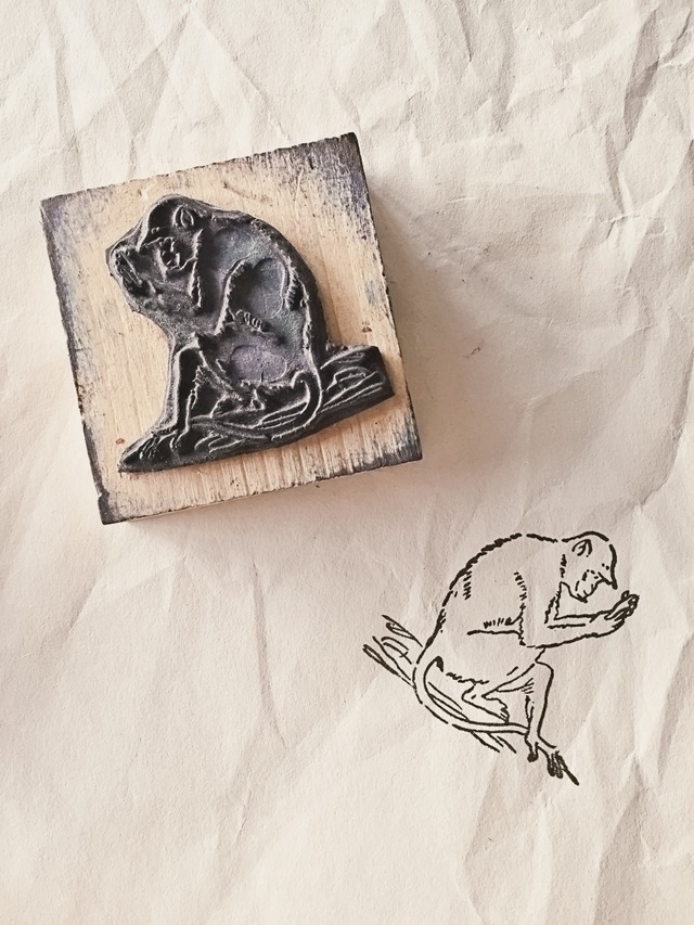 フランス 6c お手紙を読むお猿さんとメランコリーな木製スタンプ ヴィンテージ