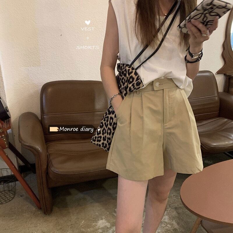 カーキカジュアルショーツ サマー薄手パンツ ルーズハイウェストウェストAライン 夏物 ブルマー モンロー2304833750