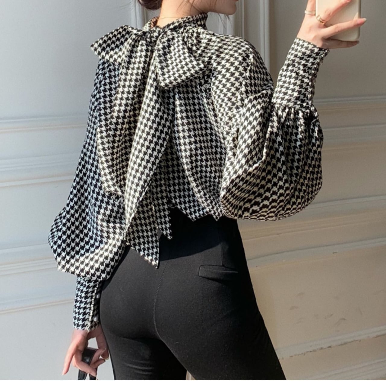 Bow Tie Houndstooth Blouse L00518