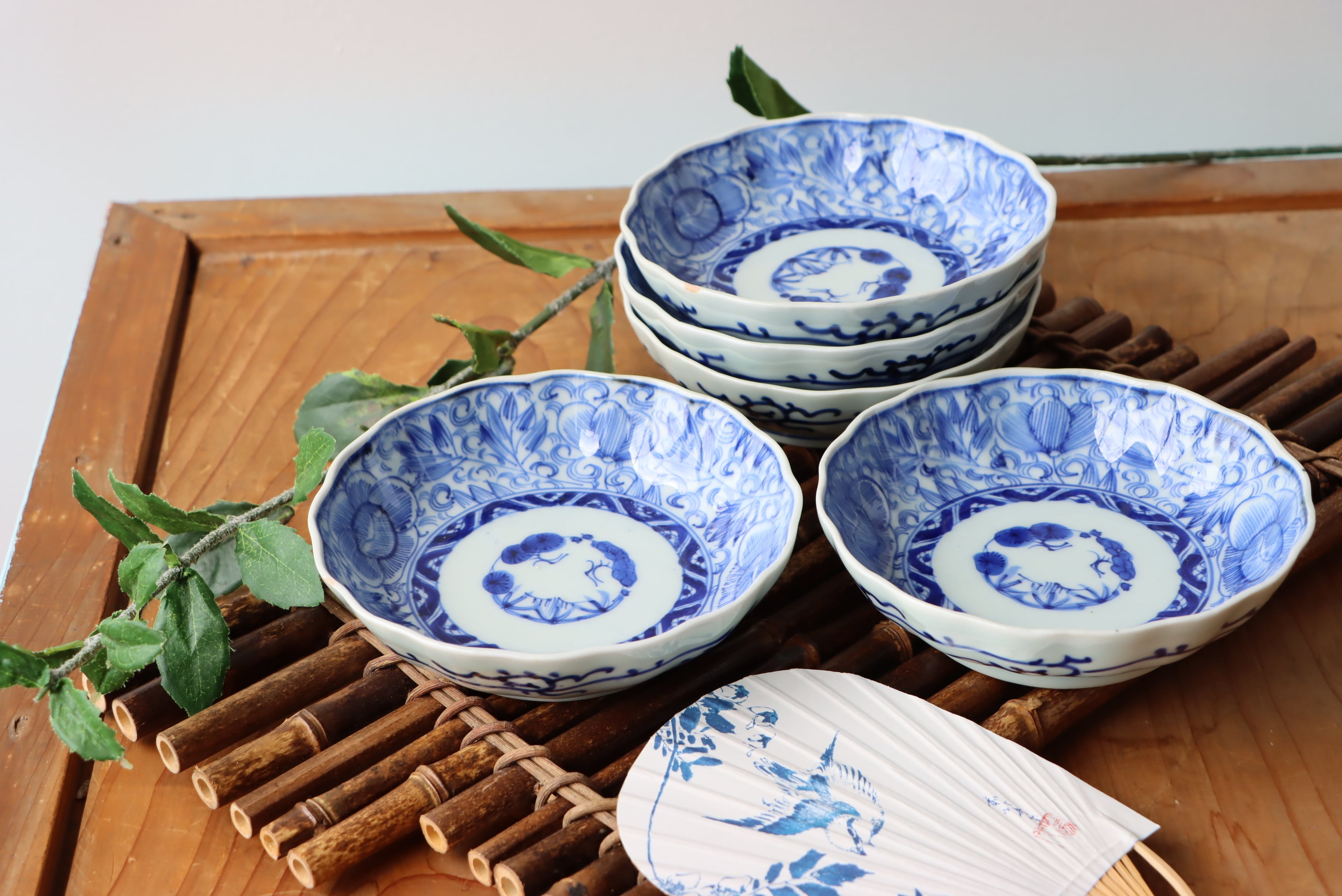 伊万里焼 染付 線描 花文 膾皿/Imari 