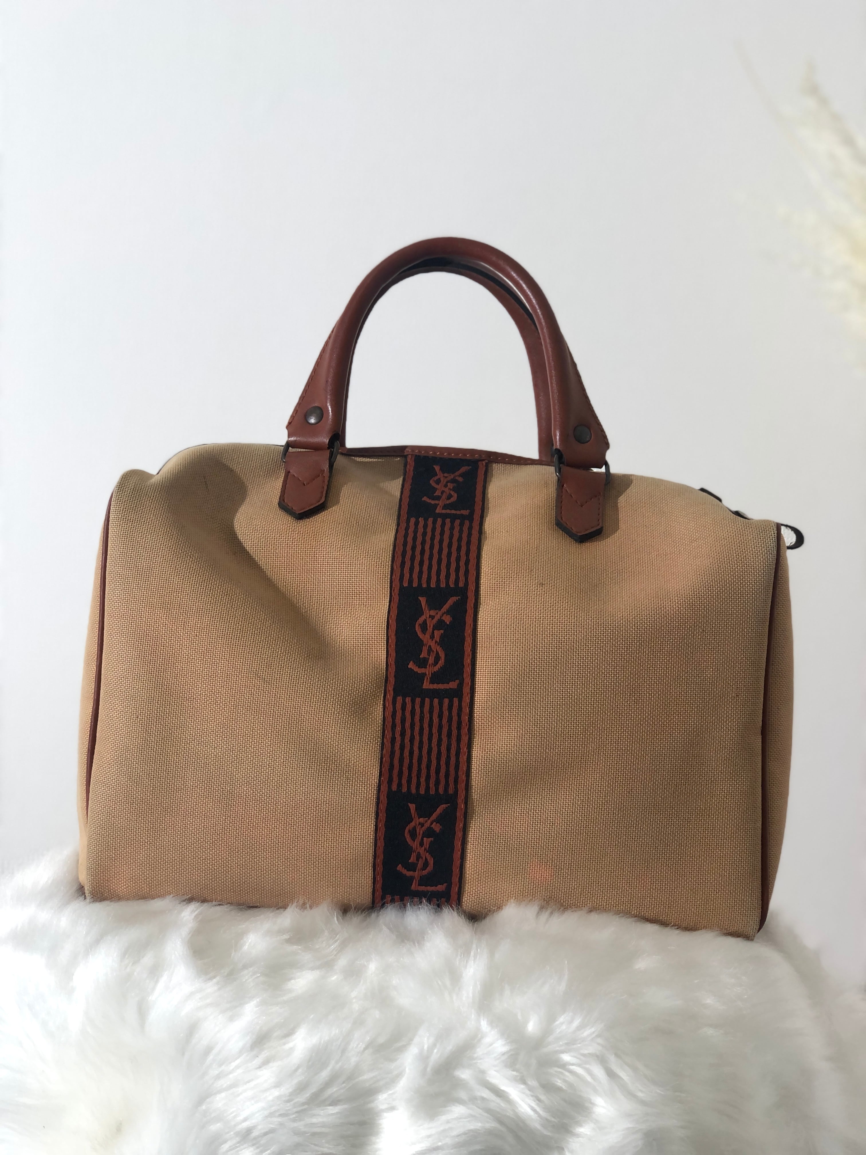 Delivered directly from Japan, brand name used packaging] Yves Saint  Laurent YSL Canvas x Leather Centerline Boston Bag Beige x Brown uu2w37 -  Shop solo-vintage Handbags & Totes - Pinkoi