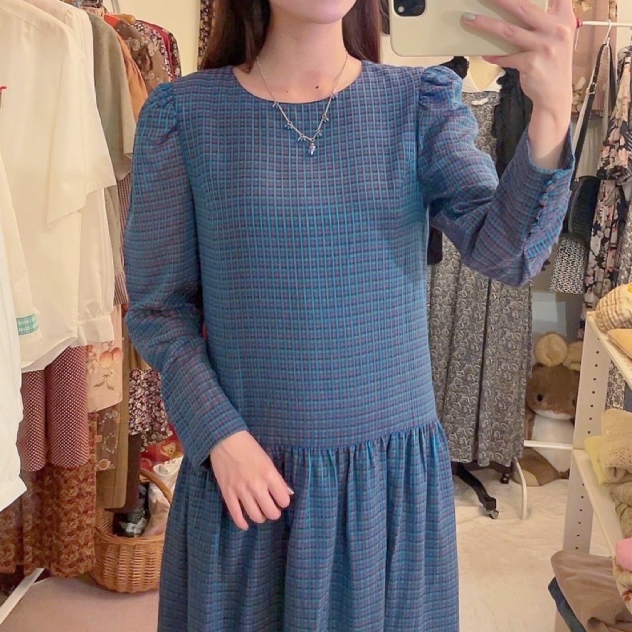 blue pink check low waist one-piece