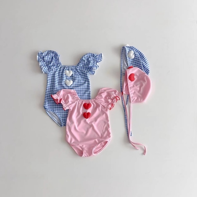 ベビー＆キッズ 夏新作  韓国風 バブルスリーブ  ハート柄　水着 (帽子付き)