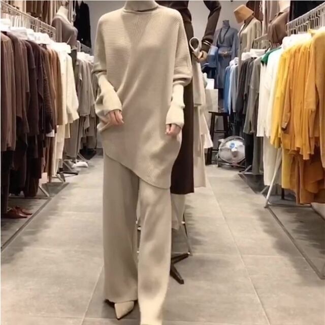 【予約販売】華奢見え ハイネック ニット セーター パンツ セットアップ 冬 レディース ベージュ ブラック カーキ グレー