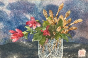 ちぎり絵　花瓶のつくしと赤い花　SM(227×158)