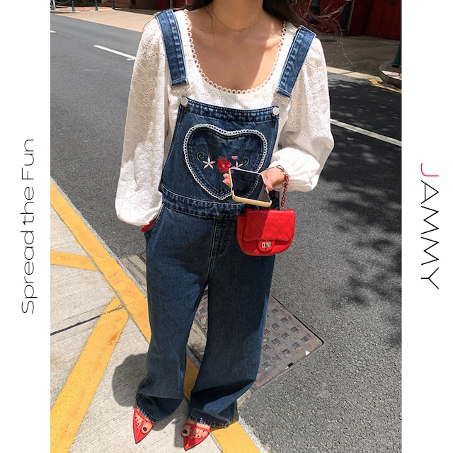 embroidered heart motif overalls J00069