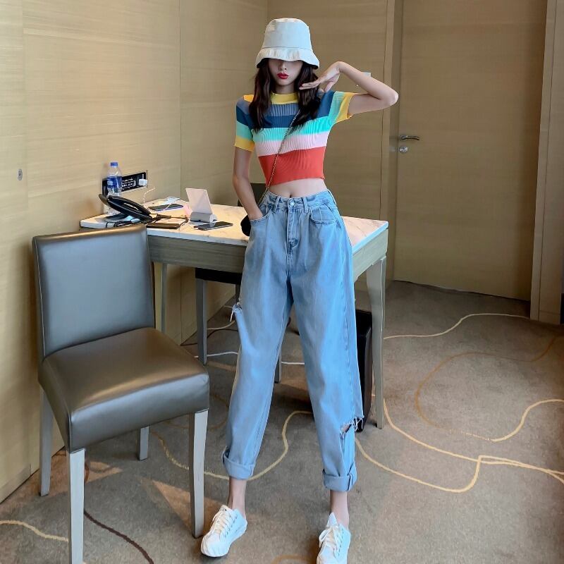 2020年新作ネットレッドヒョナスタイルワイドレッグクロップドジーンズ+レインボーストライプニット半袖Tシャツツーピーススーツレディース 1号婦人69107499755