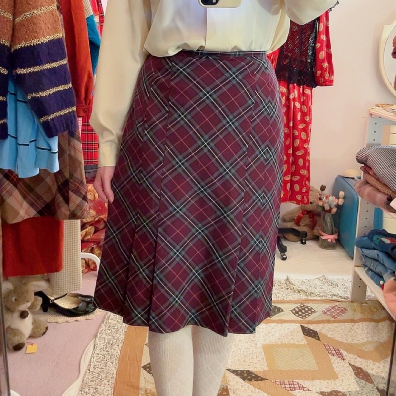 purple gray check tuck skirt