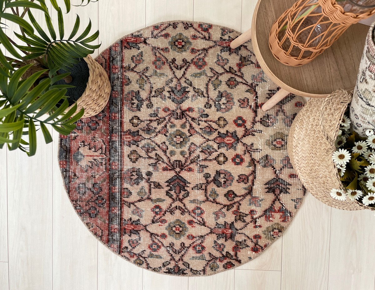 70's vintage round rug -”manmaru pink” floral- | SUN vintage rug｜お花柄 ...
