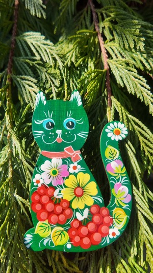 ウクライナ伝統絵画 ペトリキウカ塗り 木製ブローチ（ホメンコ作）