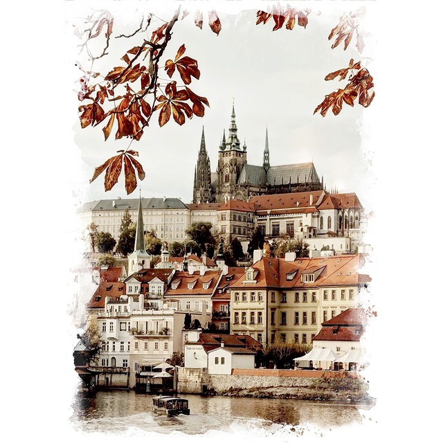 絵画 風景画(街並み) チェコ 秋のプラハ インテリアアート額付き 水彩画・油絵調 WAT0718