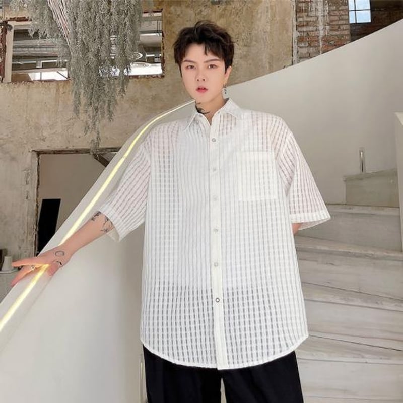 メンズ 半袖シャツ シアー 透け感 チェック柄模様 dark 黒ゴス クール