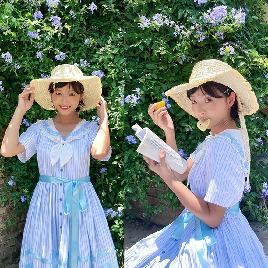 クラロリ｜セーラー風半袖フレアワンピース（ネイビー・ライトブルー