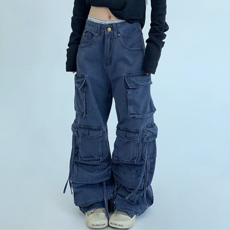 パッチポケット ワイドストレート フルレングス カーゴパンツ ◆2col L00015