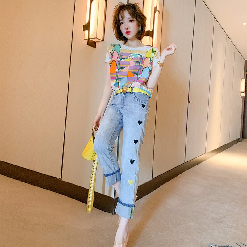 プリントTシャツ ハイウェストジーンズ スプリングサマー レッド 刺繍 春物 夏物 MIUCO29648217088