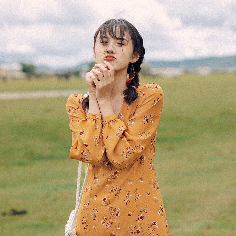 フランスの花柄のドレス、長いレトロなロングスカート、リゾートスタイル、優しいウエスト、超妖精の気質、2020年秋 ドリームホーストラベル婦人服95300755165