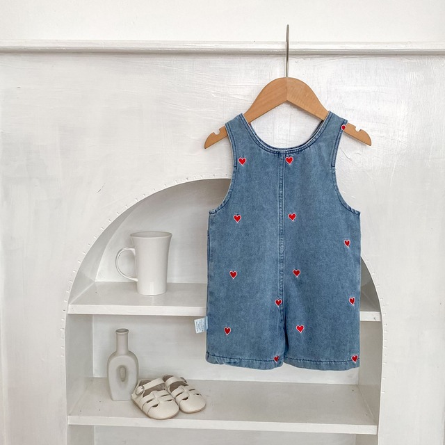 【BABY】ハート刺繍ウォッシュデニムサロペットパンツ - 9