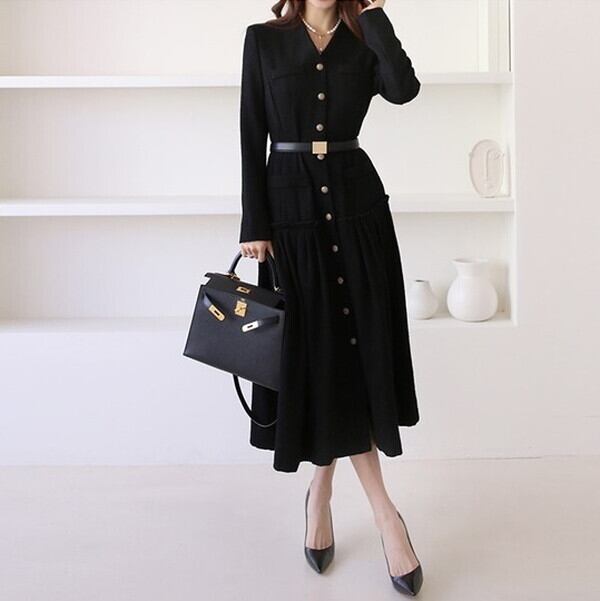新作 21年 秋冬新作 ワンピースドレス 長袖ワンピース ロングワンピース 秋冬 ワンピ ロング丈 Vネック 前ボタンワンピース フロントボタン ワンピース フレアワンピース ワンピース Aライン フレア ハイウェスト 黒ワンピース 体型カバー 着痩せ 上品 きれいめ 黒 P7957
