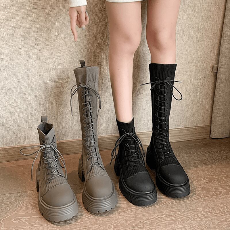 size25.0cmあり】レースアップソックスニットロングブーツ6cm全3 size25.0cmあり】レースアップソックスニットロングブーツ6cm全3