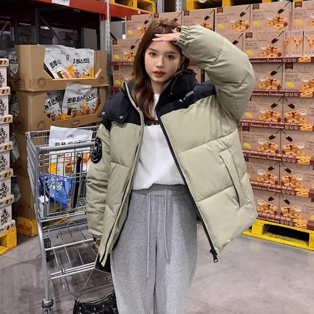 ダウン レディース アウター フード付き バイカラー ロゴ 配色