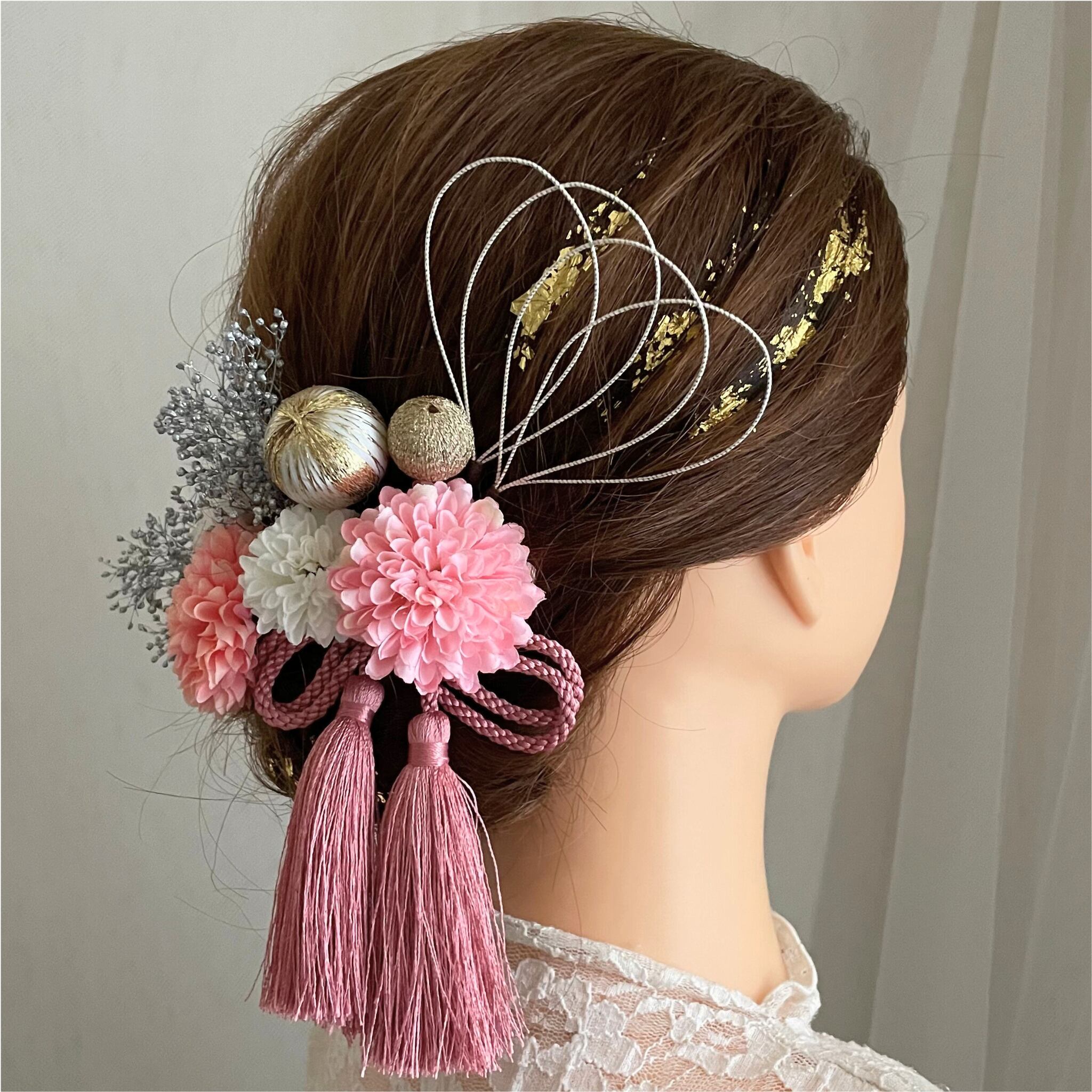 花 フラワー ヘアアクセサリー セット 髪飾り 水引 組紐 紐 金箔