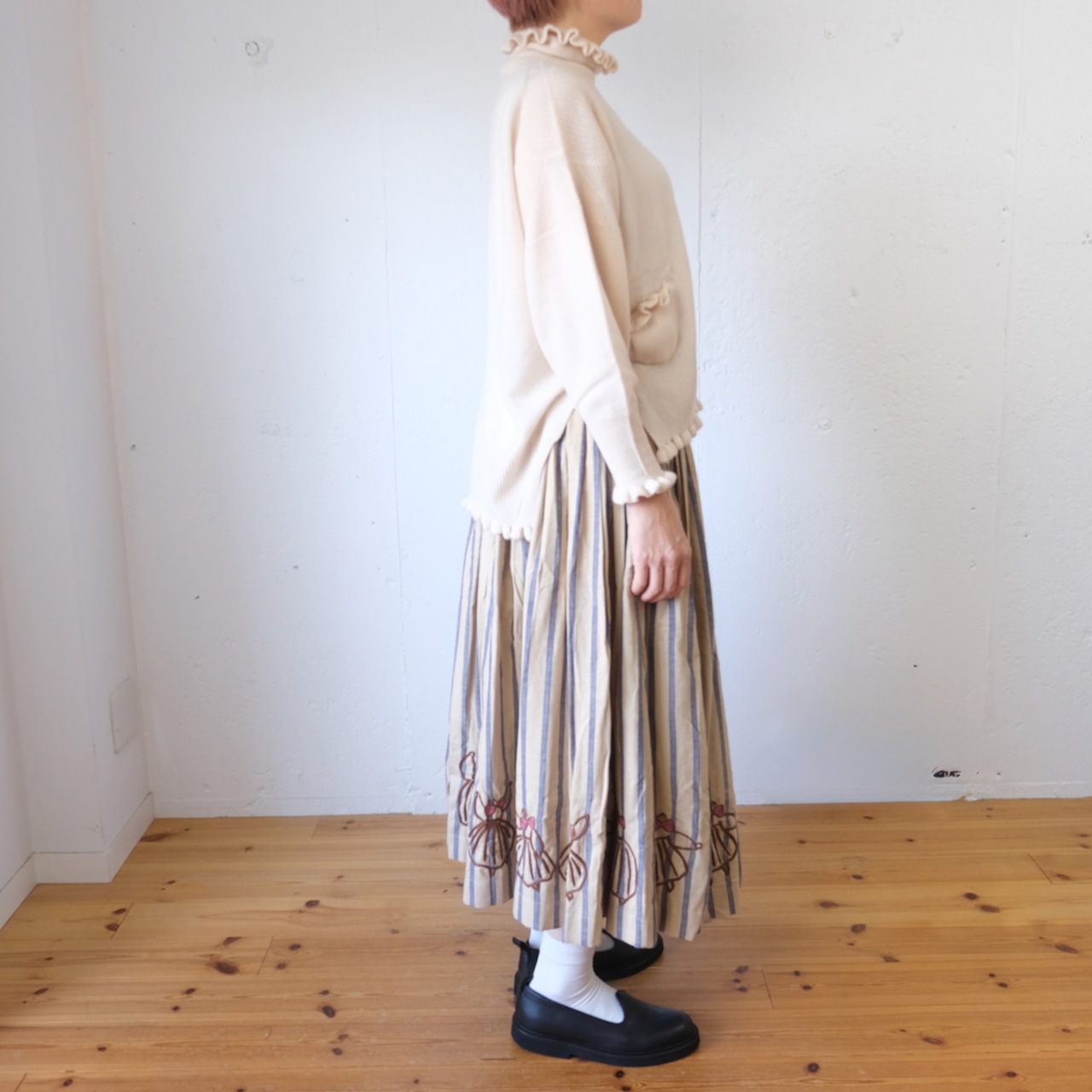 BUNON(ブノン) Hand Print & Dance Embroidery Balloon Skirt ストライプ+刺繍 スカート