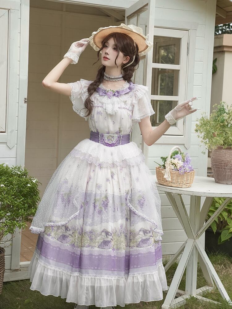 〔ロリータ〕【数量限定販売】藤花物語 ラベンダーフェアリーロリータ|藤花プリント フリルドレスセット