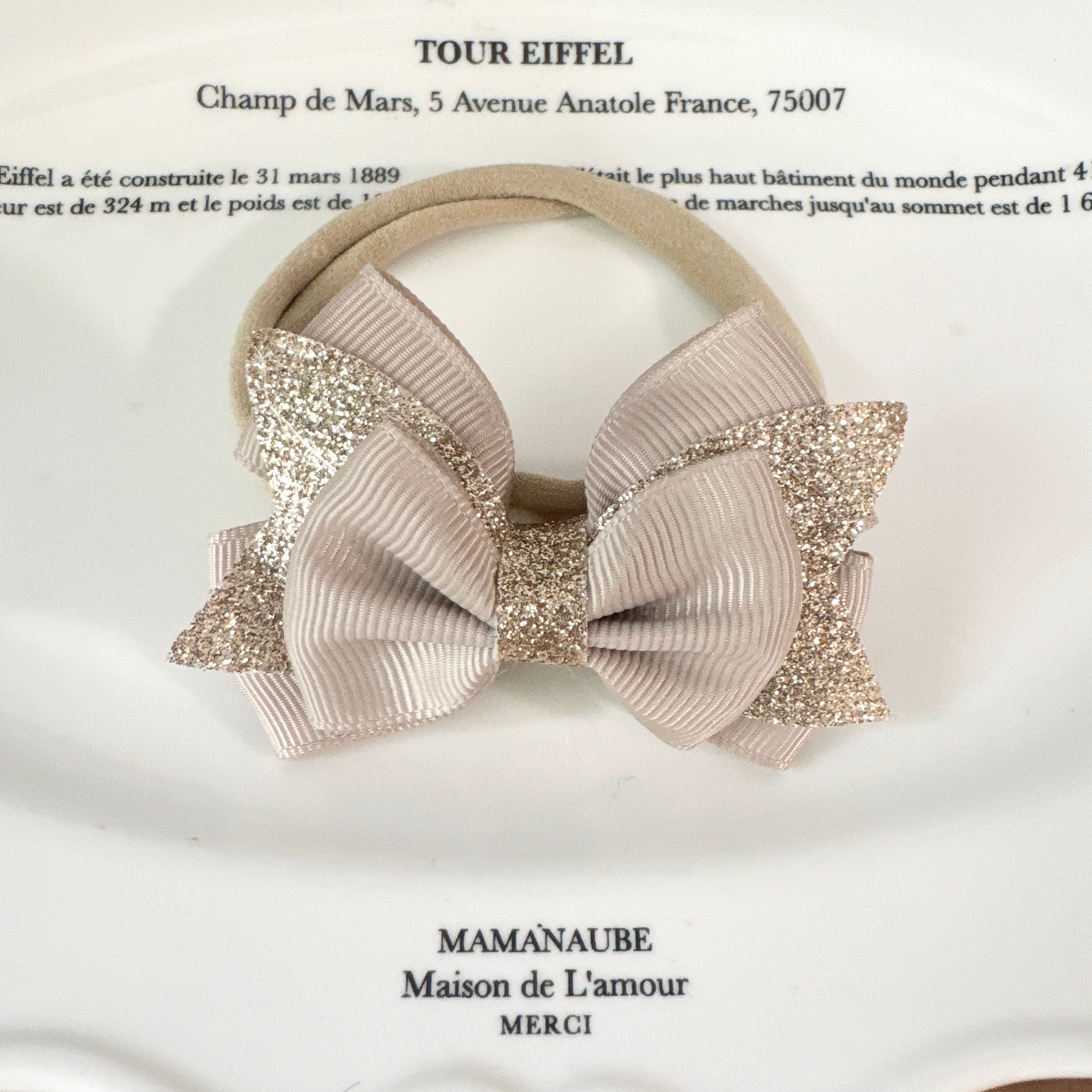 キラキラ入りゴールドリボンヘアバンド(後ろ支え付き)