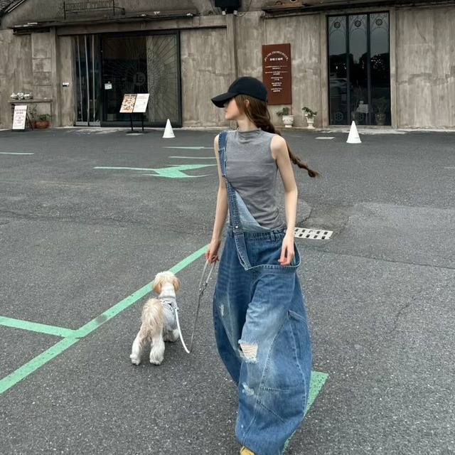 クラッシュポケットワイドラインデニムサロペット 1col R02555