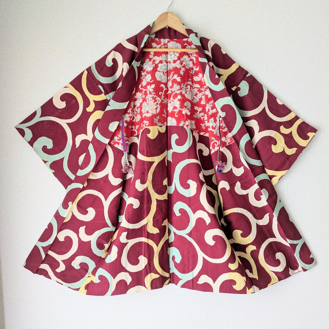Vintage】HAORI 長羽織 羽織 正絹 縮緬 臙脂色 大唐草 大正浪漫 古布 
