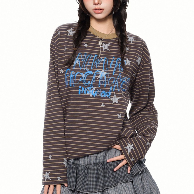 スターピンストライプレタリングロングスリーブTシャツ 2col   R02565