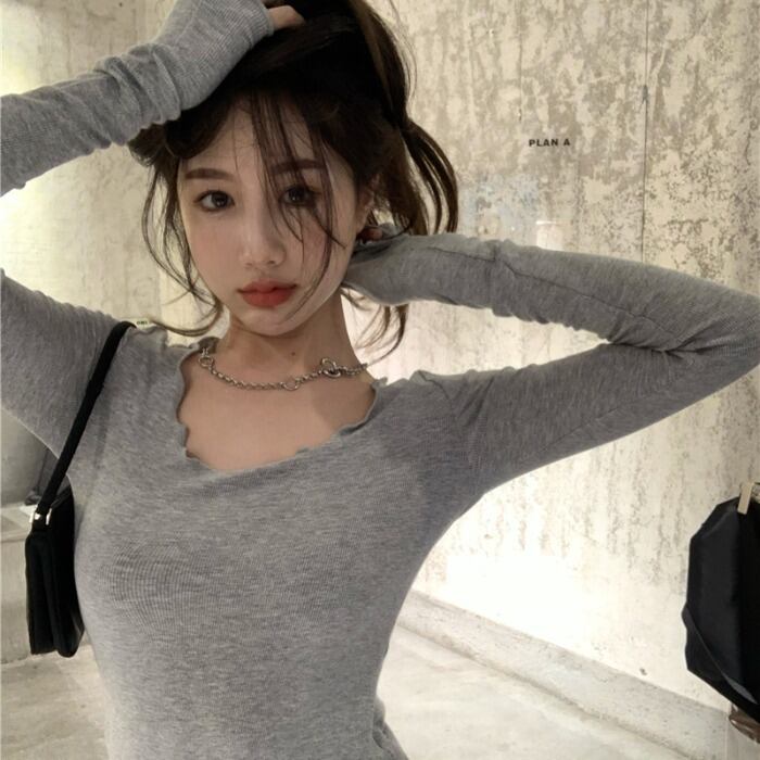 オータムスリムニットシャツ ショートラウンドネックTシャツ トップス ロング 秋物 Oネック ガールズファッション30425028050