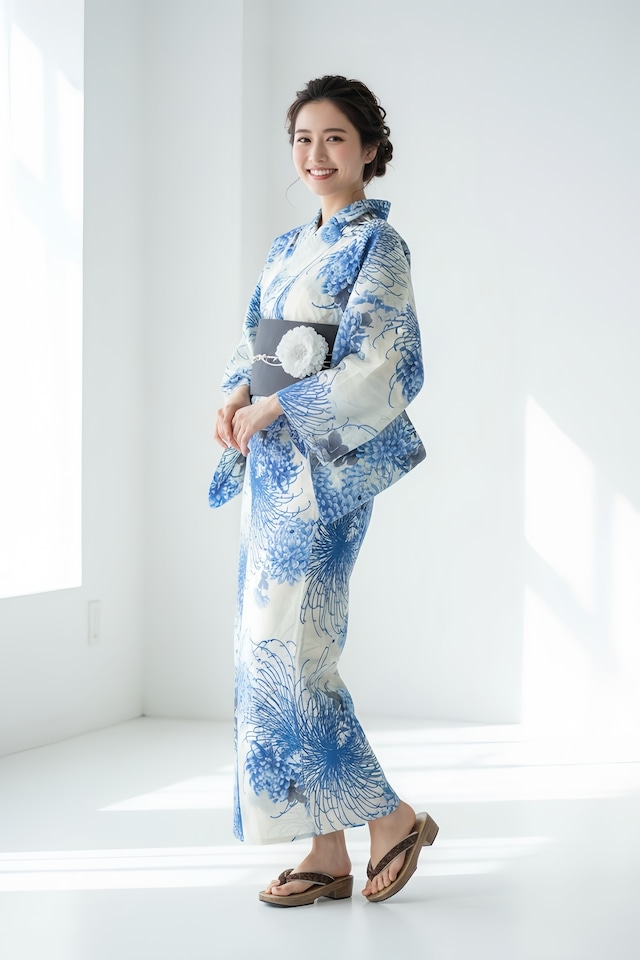 浴衣ジェンヌ 浴衣5点セット 菊 オフホワイト 青 二部式 セパレート浴衣  半幅帯 ゆかた 浴衣セット