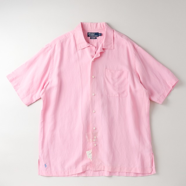 【未使用】90s Ralph Lauren special silk linen open collar shirt big size S/S  "CALDWELL" pink dead stock  ／ ラルフローレン スペシャル シルク リネン オープンカラー シャツ コードウェル ビッグサイズ  サイズL ピンク サマーシャツ 夏服 未使用品 タグ付
